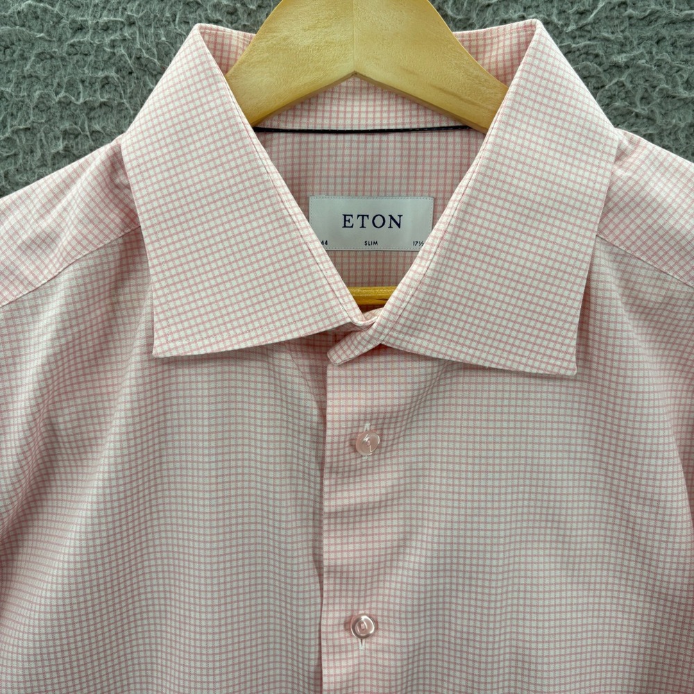 Eton Button Down Shirt Mens 17.5 44 Pink Micro Check Slim Fit Long Sleeve